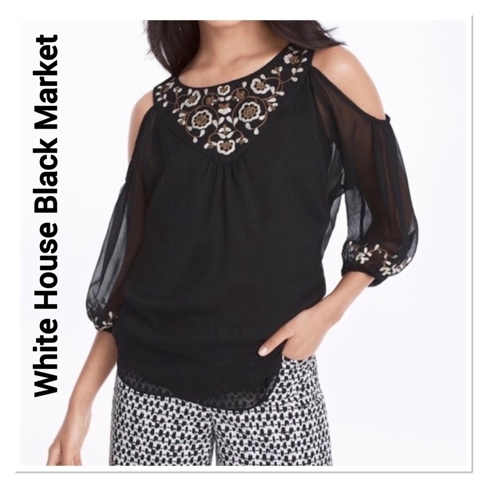WHITE HOUSE BLACK MARKET Black Floral Embroidered Cold Shoulder Top XS NWT